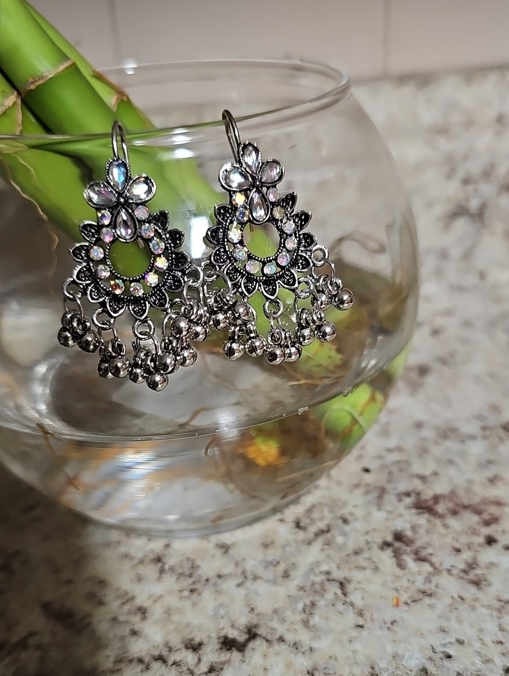 Silver-Tone Dangle Earrings with Iridescent Stones